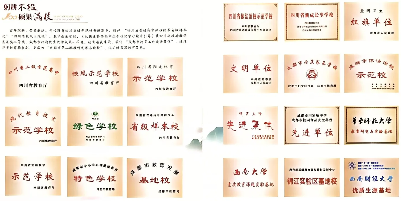 荣誉墙：四川省二级示范性普通高中等牌匾（校庆纪念画册）